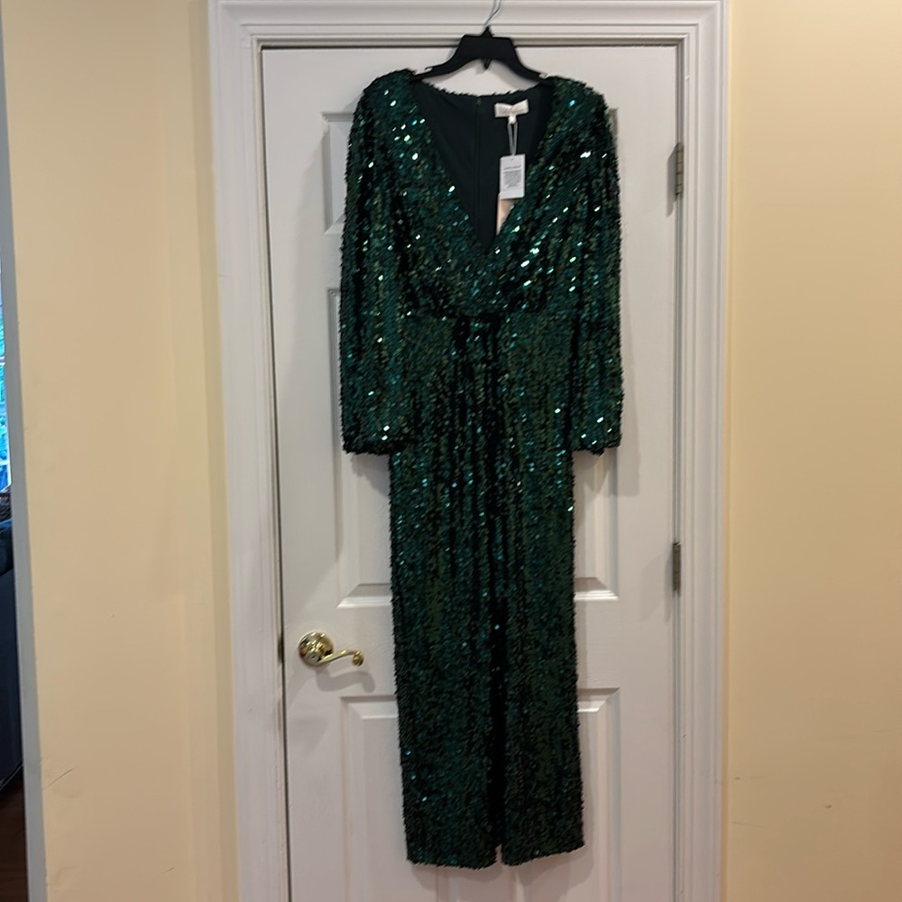WAYFE VNeck Full Length Emerald Sequin Gown NWT